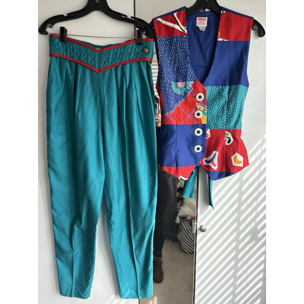 Vintage Jeanne Marc Quilted Patchwork 2 Piece Vest Pantsuit Festival 80's Small